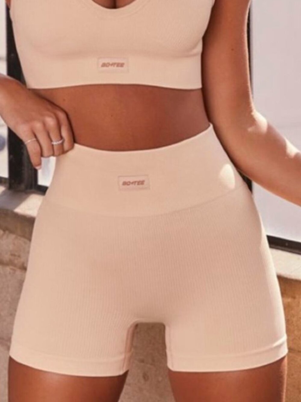 Bo+Tee Women's Ribbed High Waisted Bike Shorts in Cream